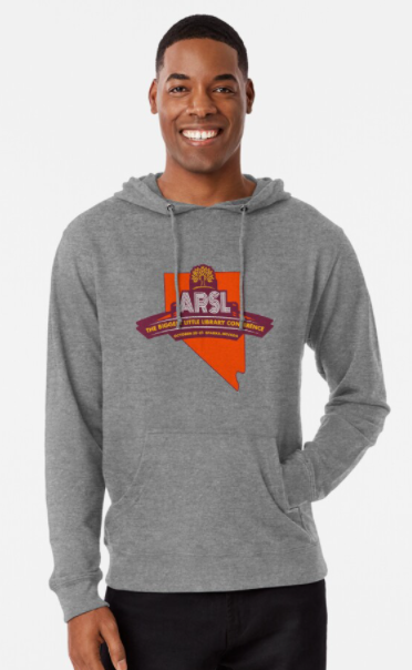 Person wearing a light grey retro ARSL conference logo hoodie.