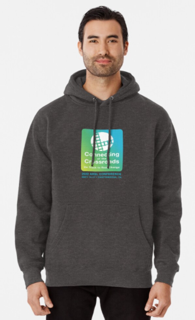 Person wearing a dark grey ARSL 2022 conference logo hoodie.