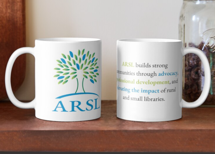 Front and back view of an ARSL logo mug.