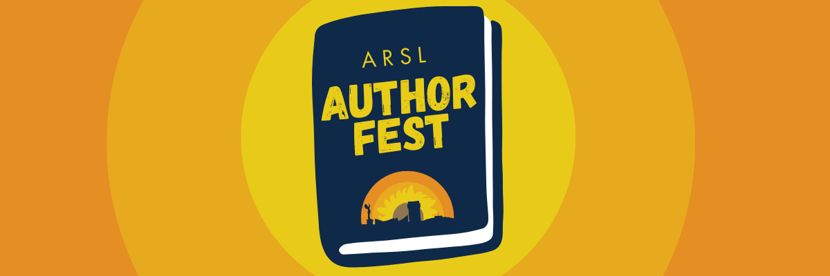 The ARSL Author Fest logo, a blue book on an orange and yellow background. The book says ARSL Author Fest on the cover and features a stylized graphic of the Wichita skyline.