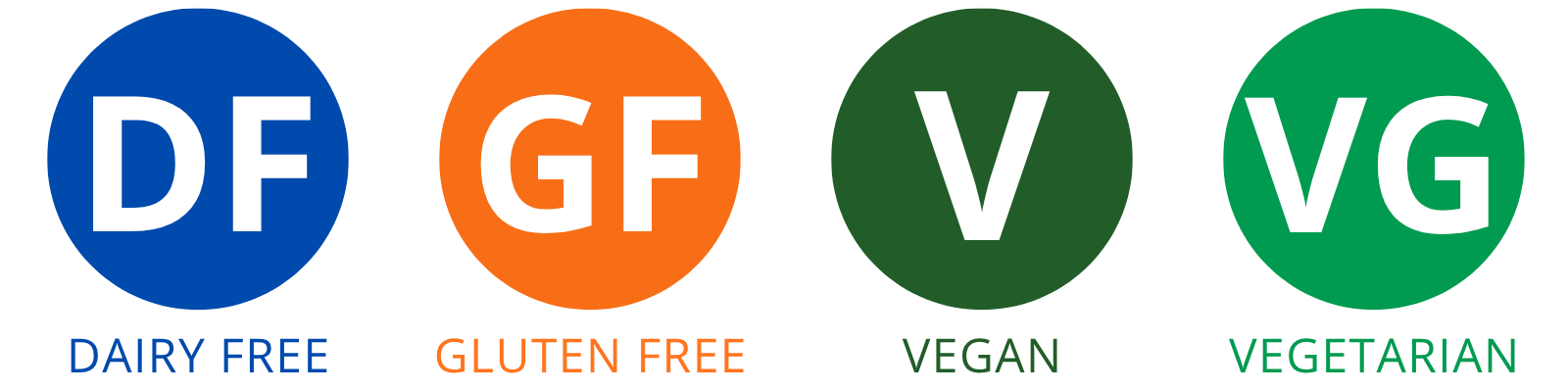 Dietary Icon Key: Vegan, Gluten-Free, Vegetarian, Dairy-Free